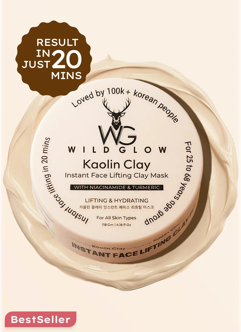 Wildglow Kaolin Clay face mask packaging on a beige background