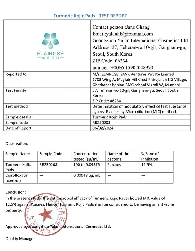 Test report for Turmeric Kojic Pads with ELAIPROSE branding on a white background.