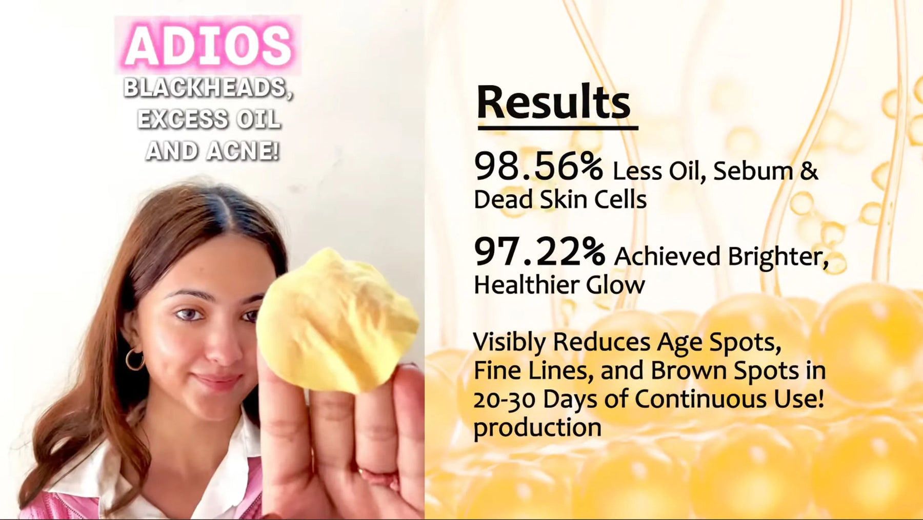 Product advertisement showing a woman holding yellow discs with text about skincare results.