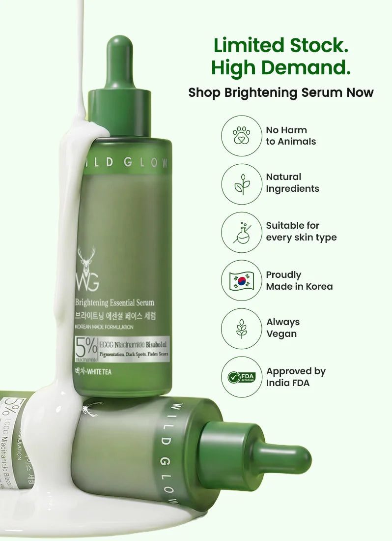 Wild Glow skincare serum bottle with product details on a white background
