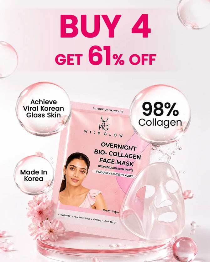 Wildglow Overnight Bio-Collagen Face Mask in pink packaging, displayed with a clear glass mask, pink flowers, and promotional text bubbles on a white background with a pink gradient.