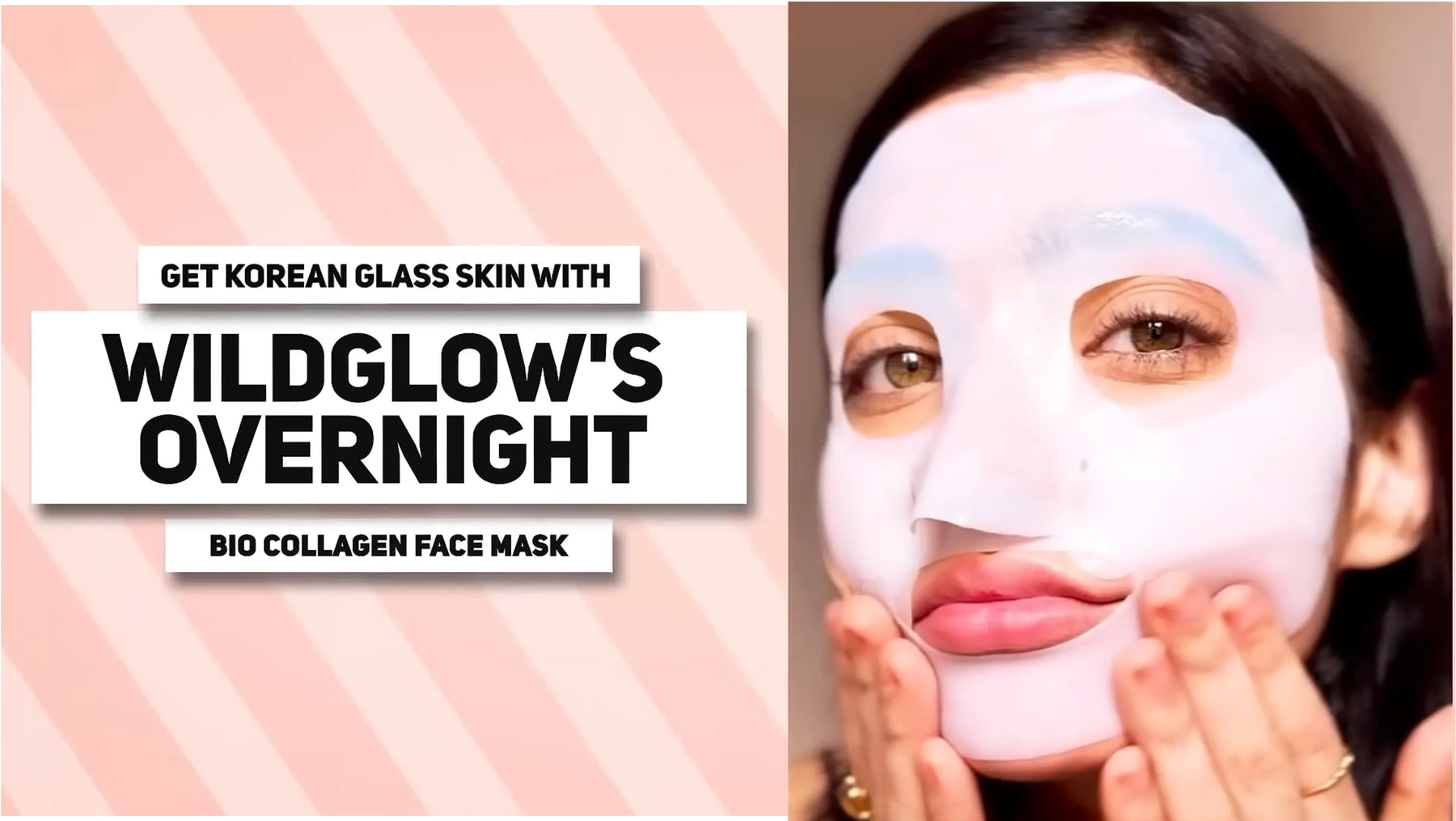 Person wearing a face mask with promotional text for Wildglow's overnight bio collagen face mask.