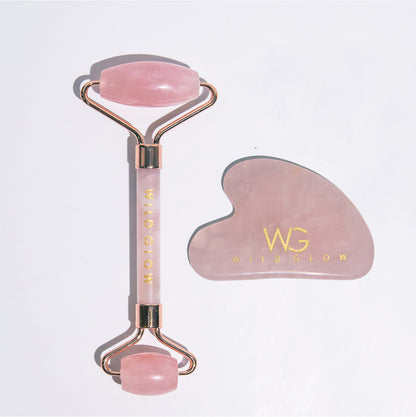 Brazilian Rose Quartz Roller & Gua Sha Set for Sculpted Glow