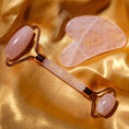 Load image into Gallery viewer, Brazilian Rose Quartz Face Roller + Gua Sha Set for Contoured Look & Youthful skin
