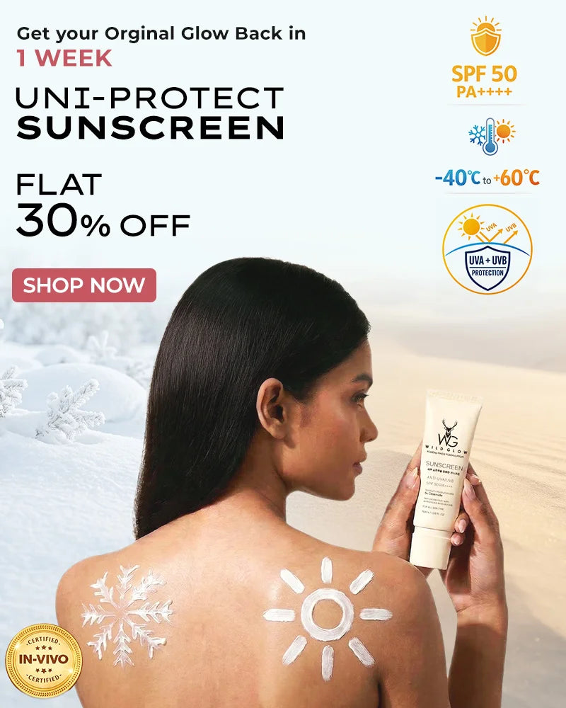 Promotional advertisement for Uni-Protekt Sunscreen with a woman applying sunscreen.