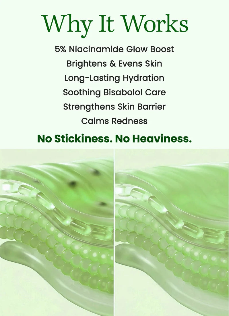 Product description card with green background and text about skincare benefits.
