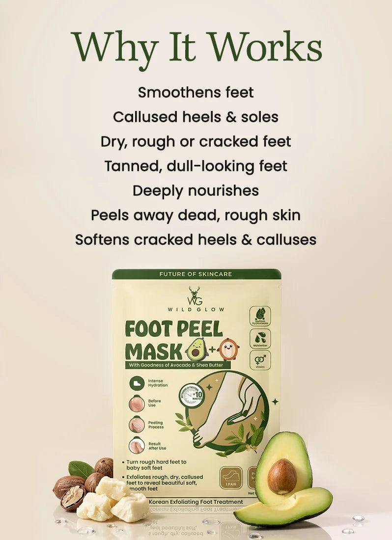 Foot peel mask packaging with avocado and nuts on a beige background, featuring text about its benefits.